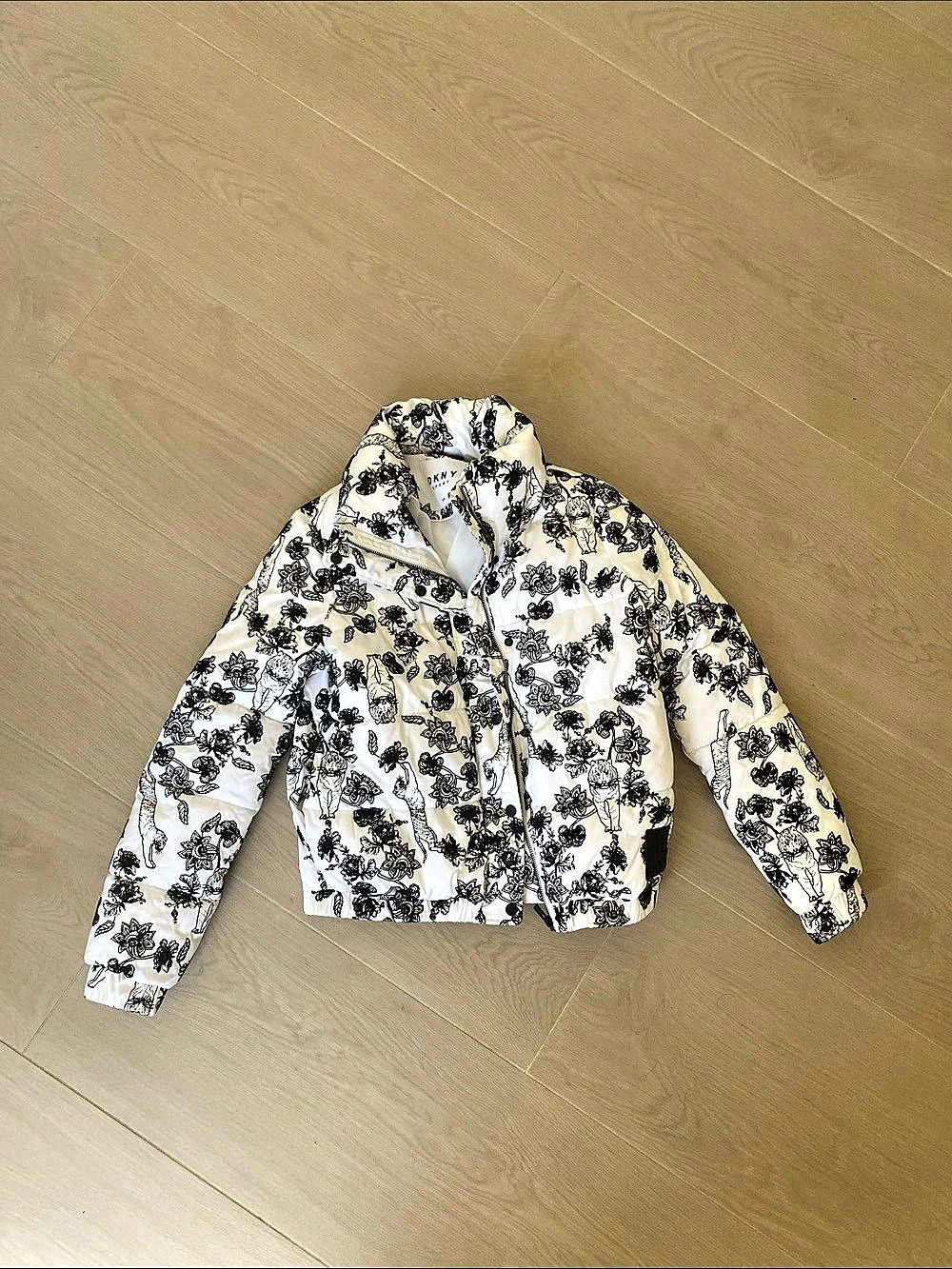 DKNY Floral Puffer Jacket in White & Black Like New